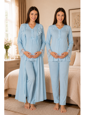 Effortt 2424 Mavi Lohusa Hamile Pijama Takım Sabahlık Takım